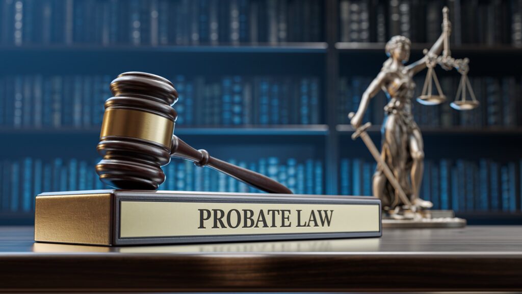 Gavel on top of a plaque that says probate law next to scales